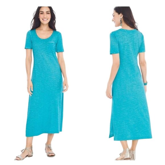 Chico's Size 4 = XXL/2X/20 Teal Cotton Slub T-Shirt Maxi Dress Summer Plus Size - Picture 1 of 9